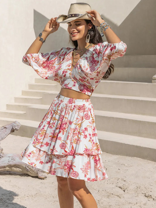 Printed Half Sleeve Top and Layered Skirt Set Blush Pink Trendsi