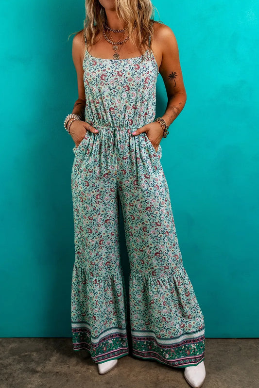 Bohemian Floral Ruffle Bottom Spaghetti Strap Jumpsuit Teal Trendsi