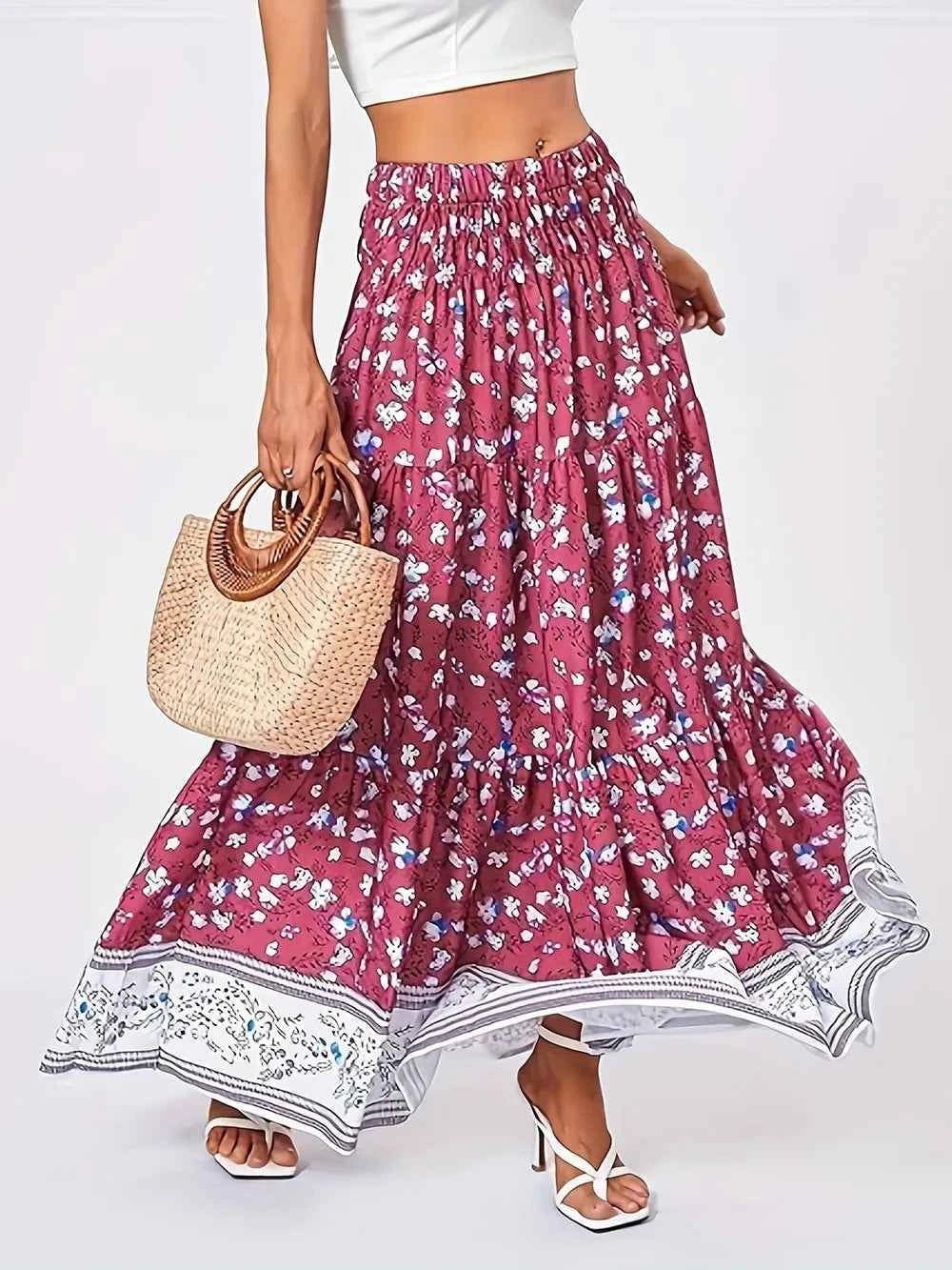 Full Size Tiered Printed Elastic Waist Skirt Trendsi
