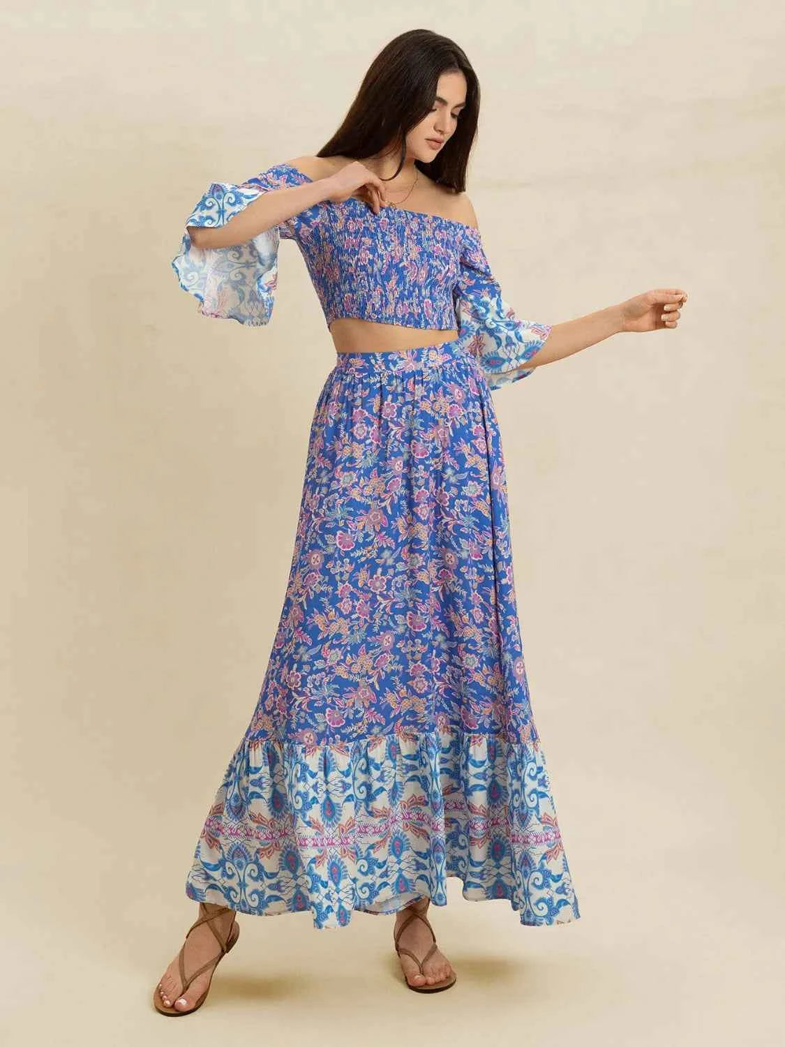 Smocked Off-Shoulder Printed Top and Skirt Set Trendsi