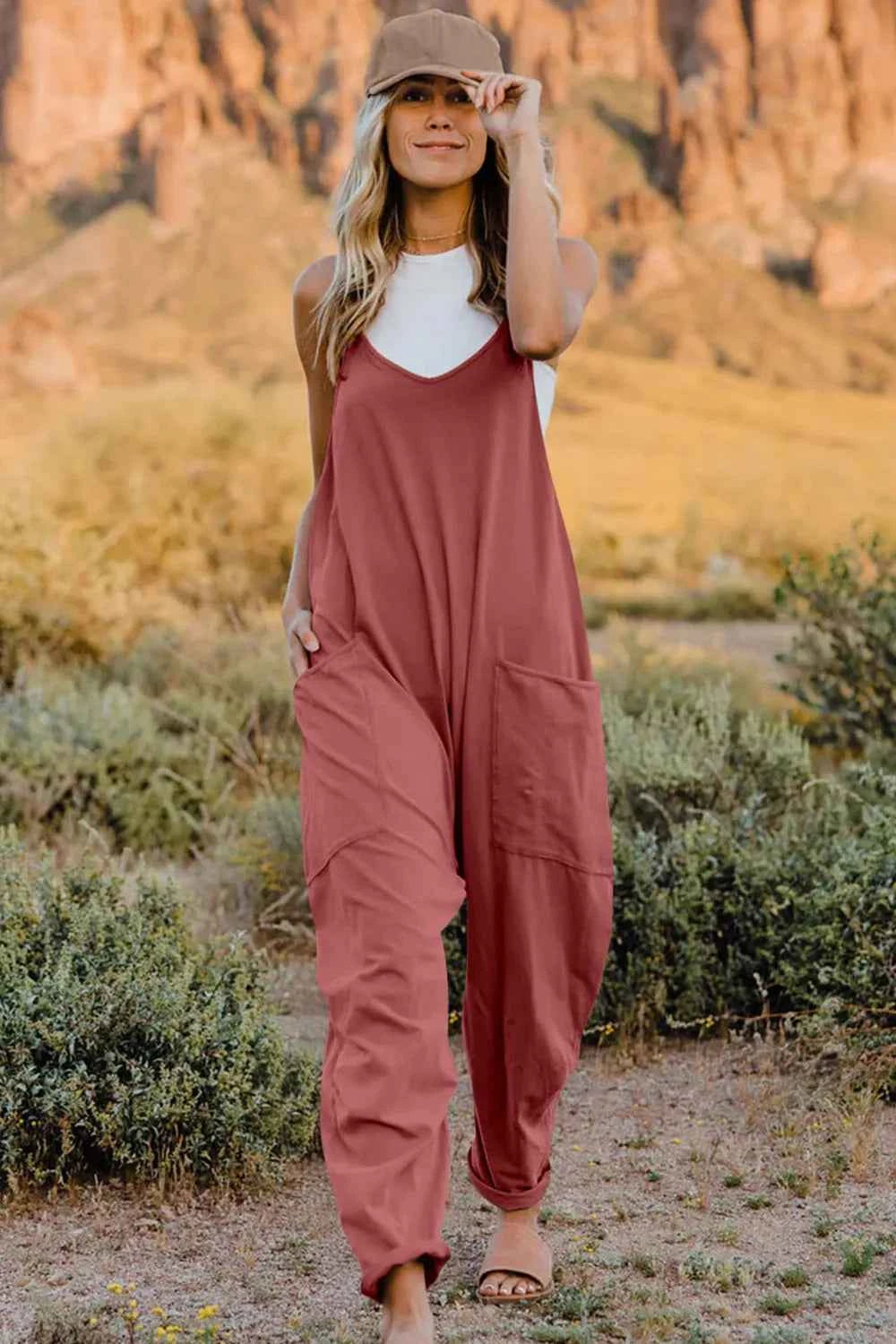 Double Take Full Size V-Neck Sleeveless Jumpsuit with Pockets Pink Trendsi