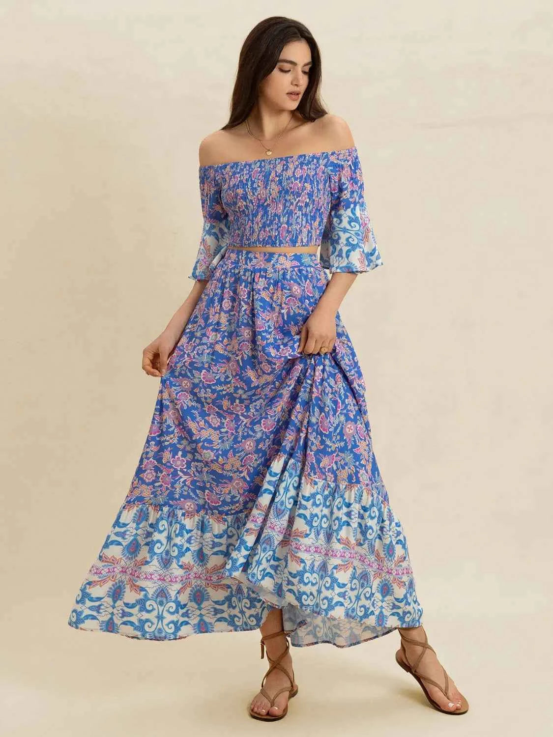 Smocked Off-Shoulder Printed Top and Skirt Set Trendsi