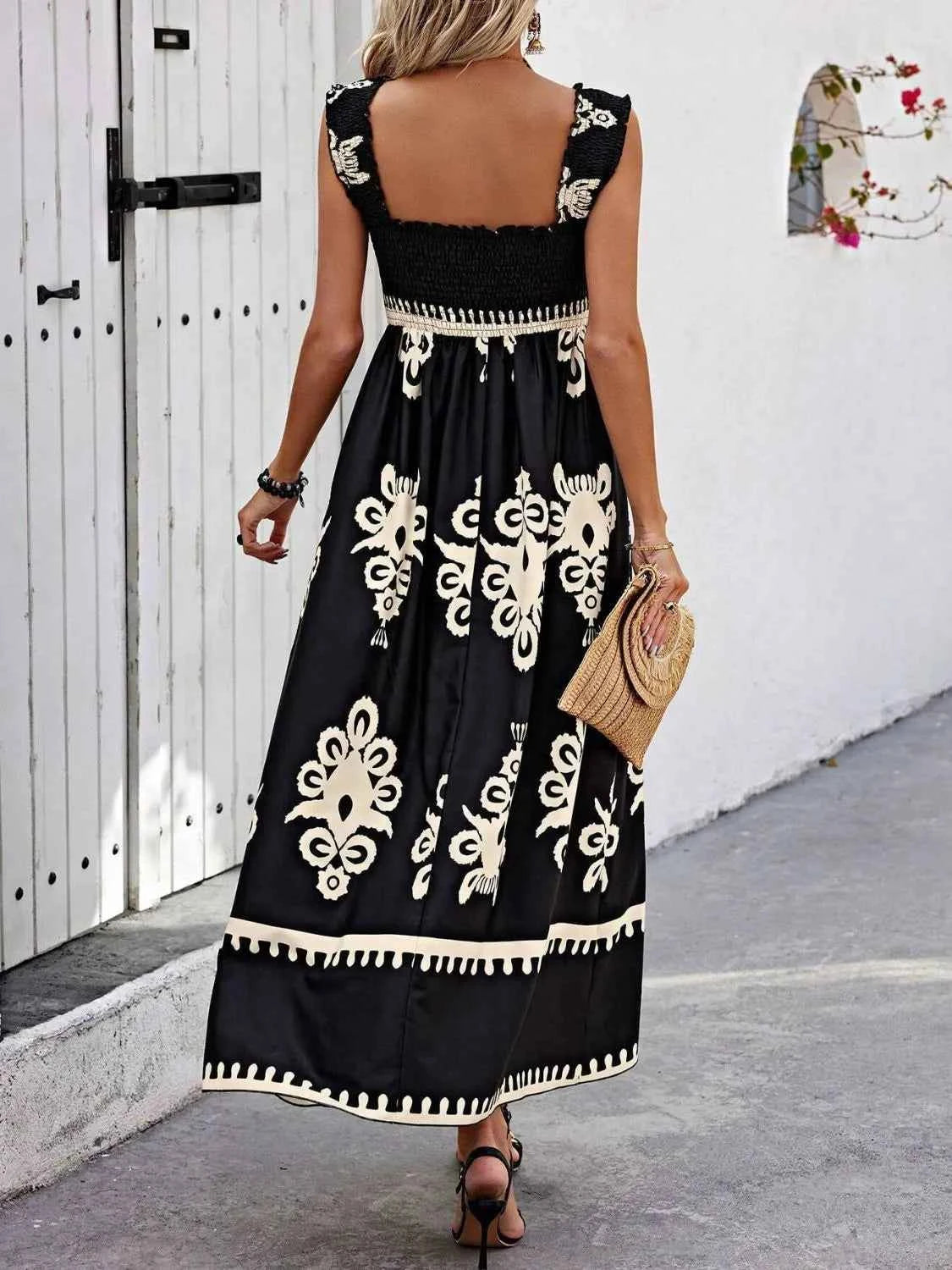 Smocked Printed Wide Strap Maxi Dress Trendsi