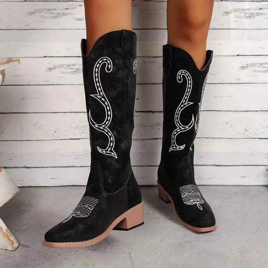 Embroidered Round Toe Block Heels Boots Black Trendsi