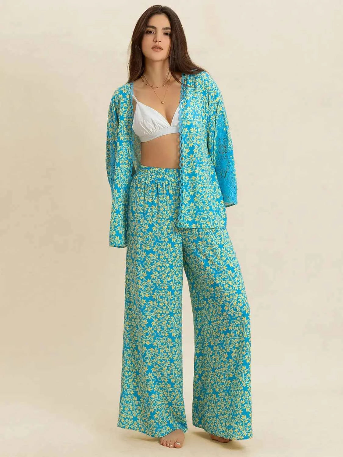 Open Front Printed Top and Pants Set Trendsi