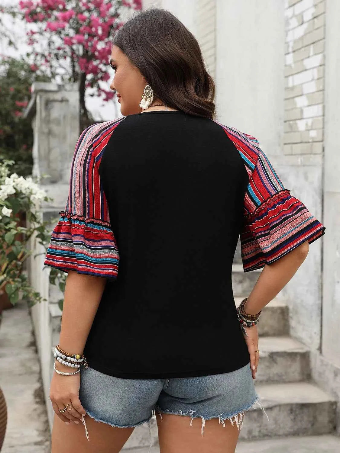Plus Size V-Neck Flounce Sleeve Top Trendsi