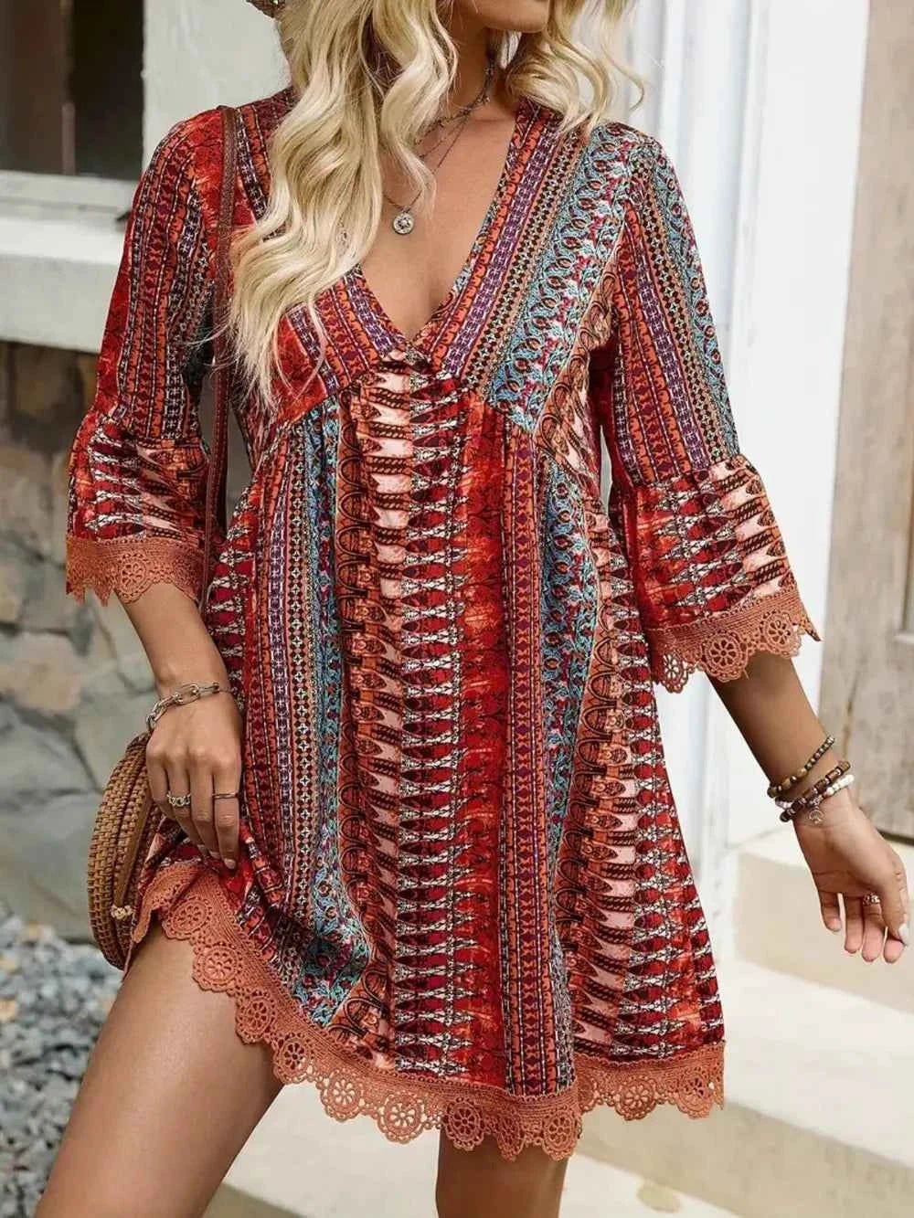 Lace Trim Printed V-Neck 3/4 Sleeve Dress Rust Trendsi
