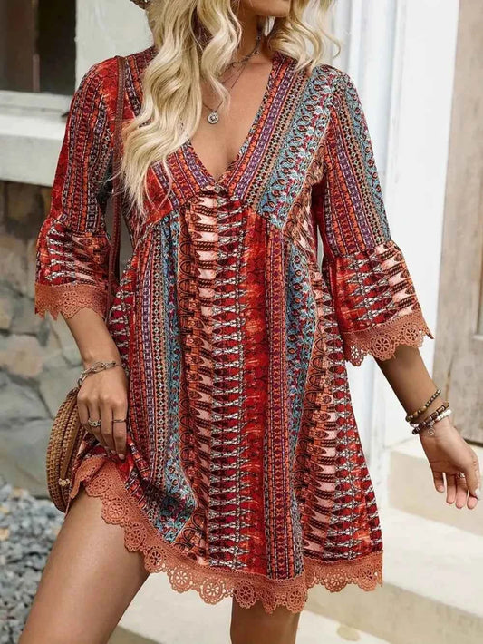 Lace Trim Printed V-Neck 3/4 Sleeve Dress Rust Trendsi