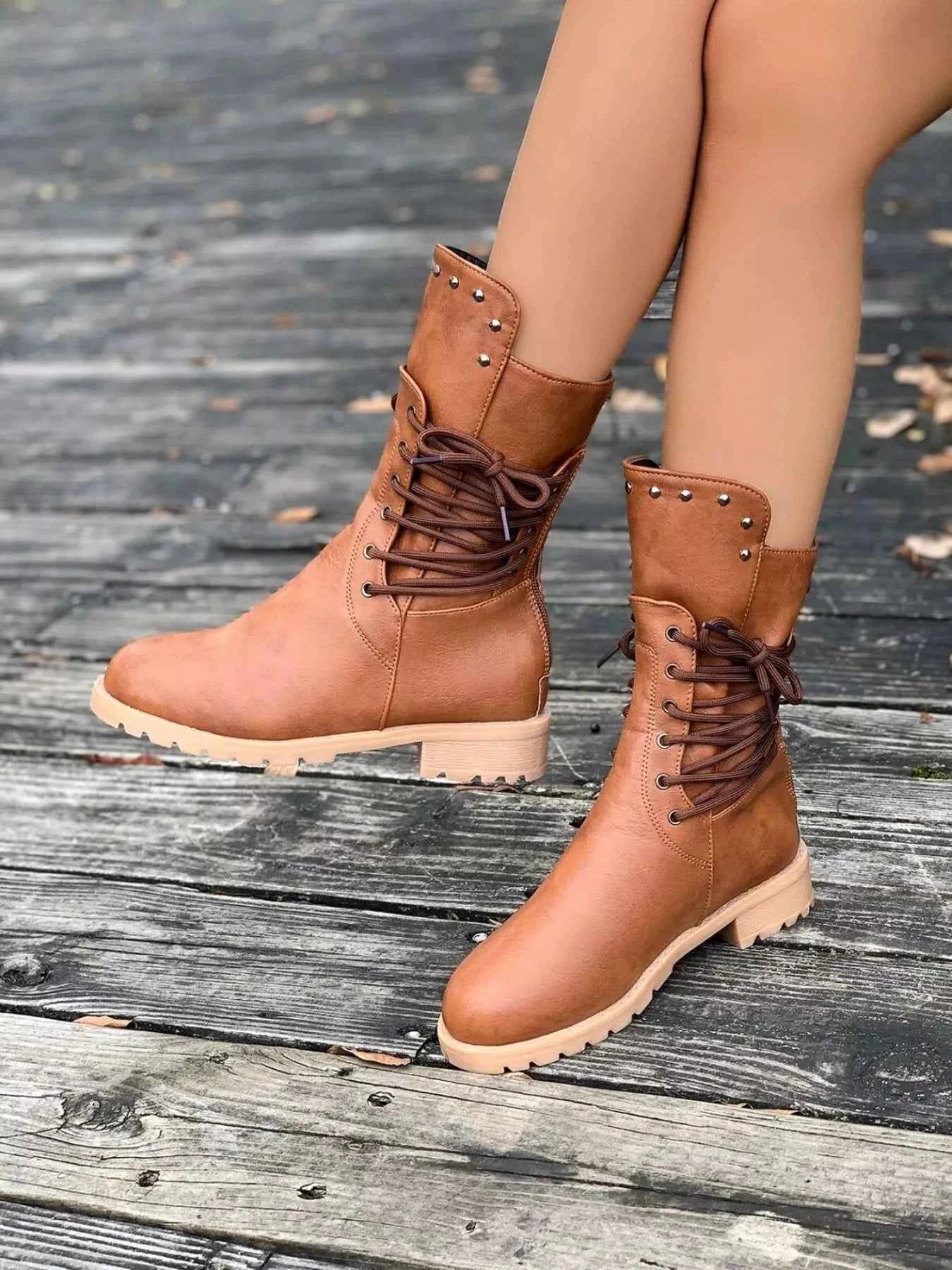 Round Toe Block Heels Boots Trendsi