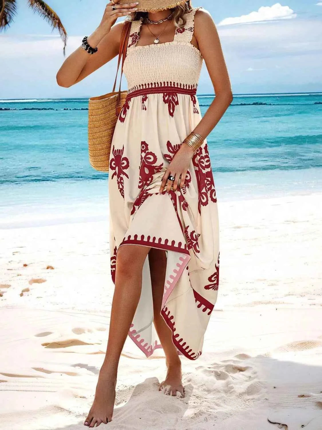 Smocked Printed Wide Strap Maxi Dress Trendsi