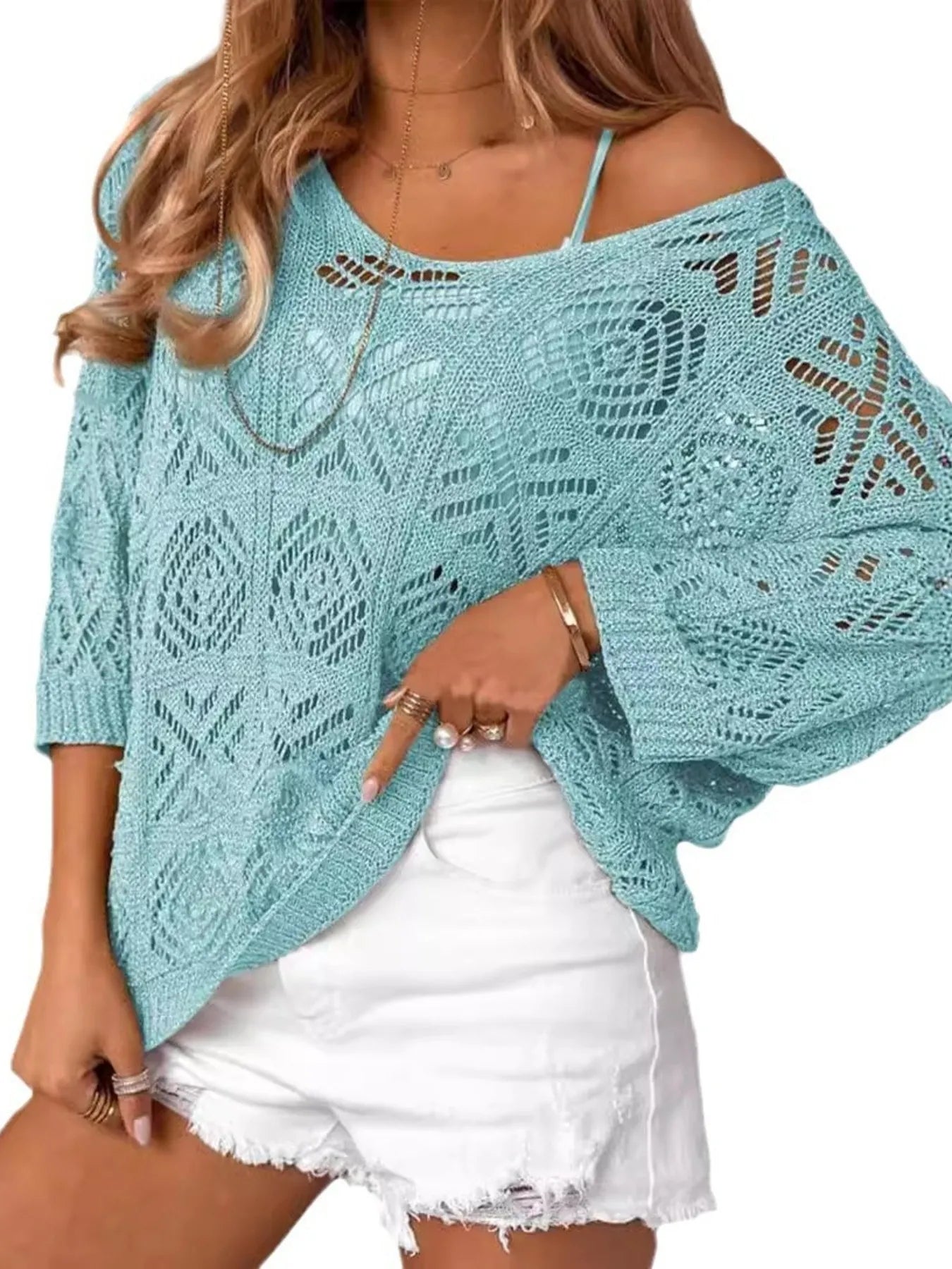 Openwork 3/4 Sleeve Knit Cover Up Sky Blue Trendsi