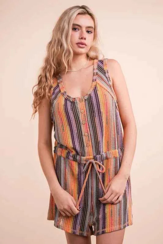 VERY J Crochet Multi Color Striped Casual Summer Romper Brick Mix Trendsi