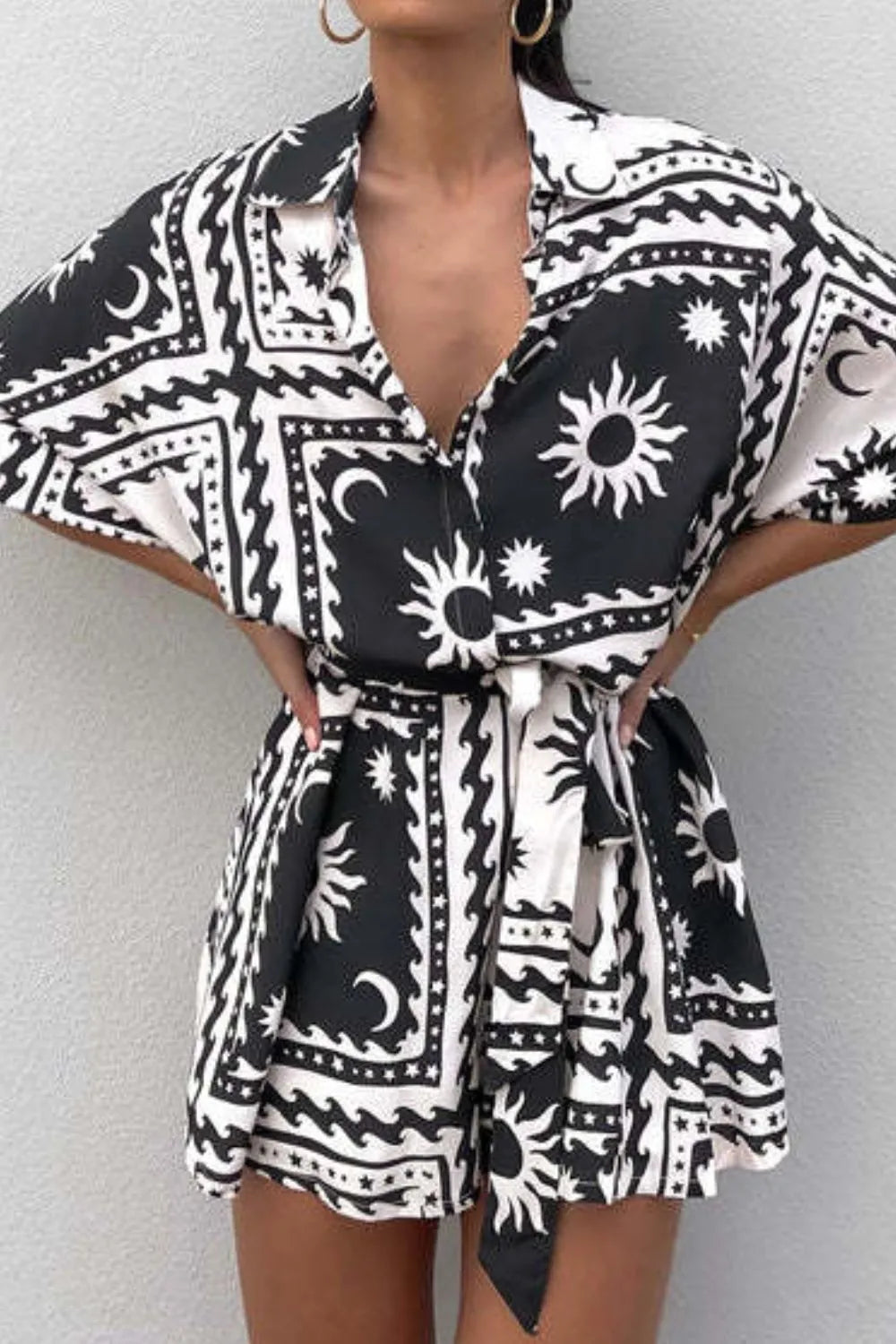 Printed Tie Waist Romper Trendsi