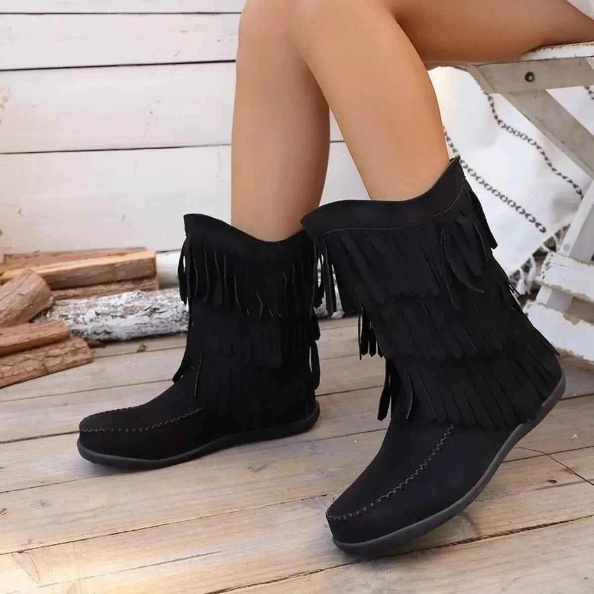 Fringe Round Toe Boots Trendsi