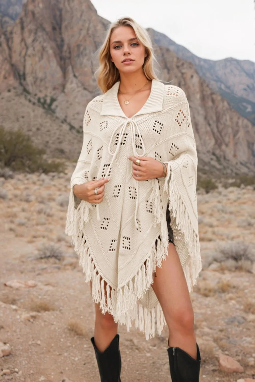 Tassel Hem Knit Cover Up Cream Trendsi