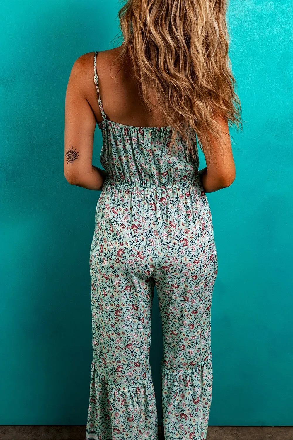 Bohemian Floral Ruffle Bottom Spaghetti Strap Jumpsuit Trendsi