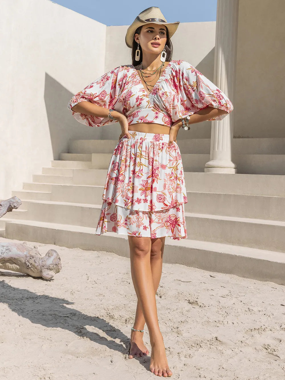 Printed Half Sleeve Top and Layered Skirt Set Trendsi
