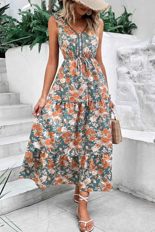 Floral Print Trimmed V Neck Tie Waist Sleeveless Dress Floral Trendsi