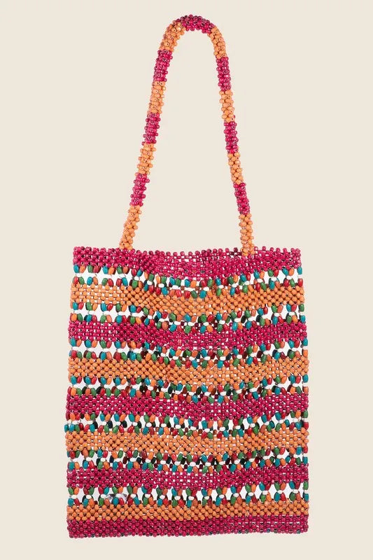 Fame Contrast Wooden Beaded Tote Bag Pink One Size Trendsi