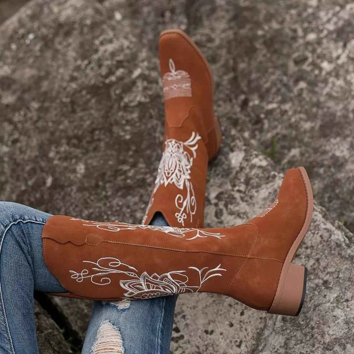 Embroidered Block Heels Boots Trendsi