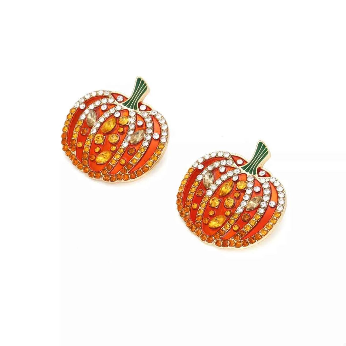 Halloween Pumpkin Rhinestone Stud Earrings - Gold Plated Sparkle Jewelry Trendsi