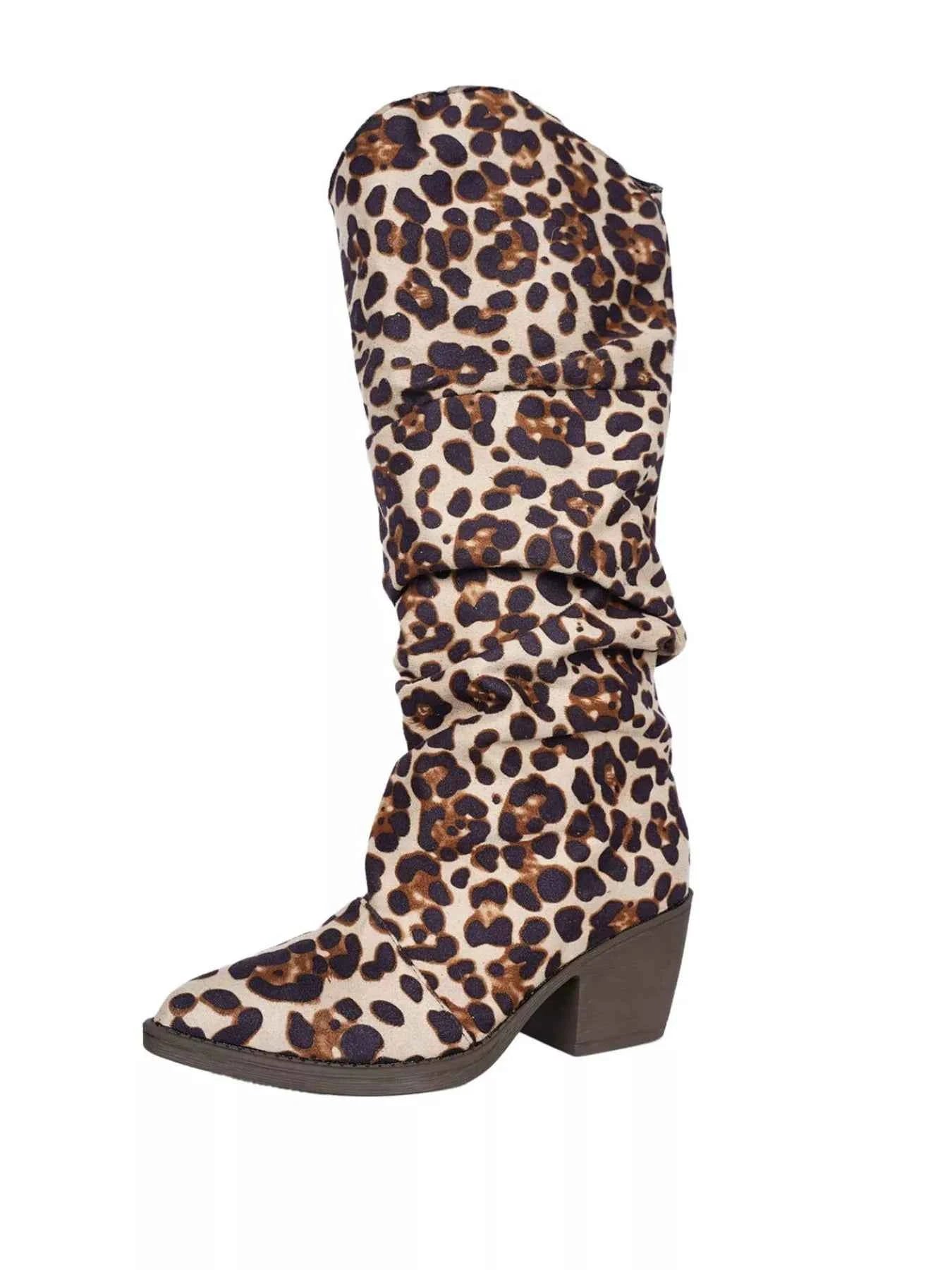Leopard Point Toe Block Heels Boots Trendsi