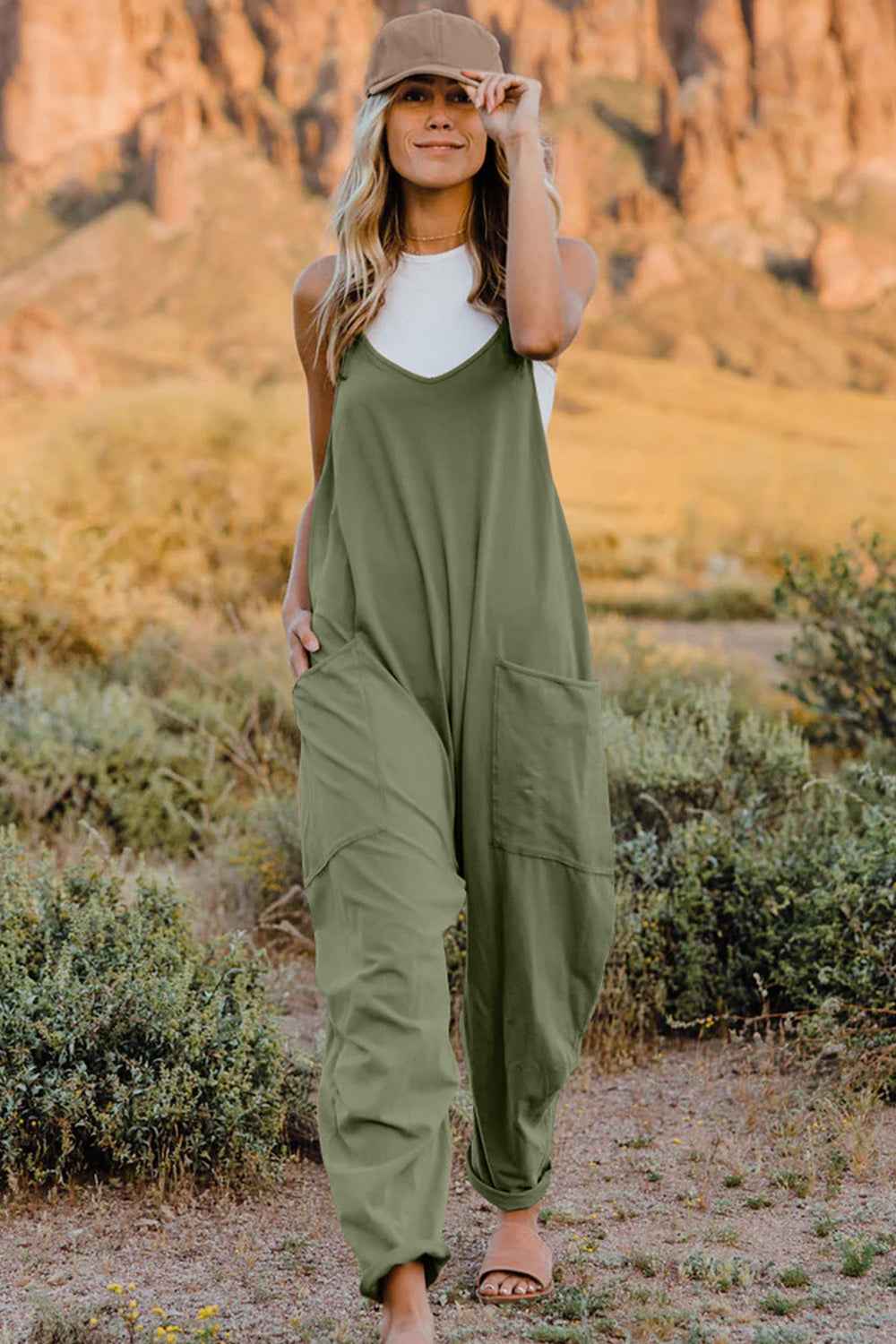 Double Take Full Size V-Neck Sleeveless Jumpsuit with Pockets Army Green Trendsi