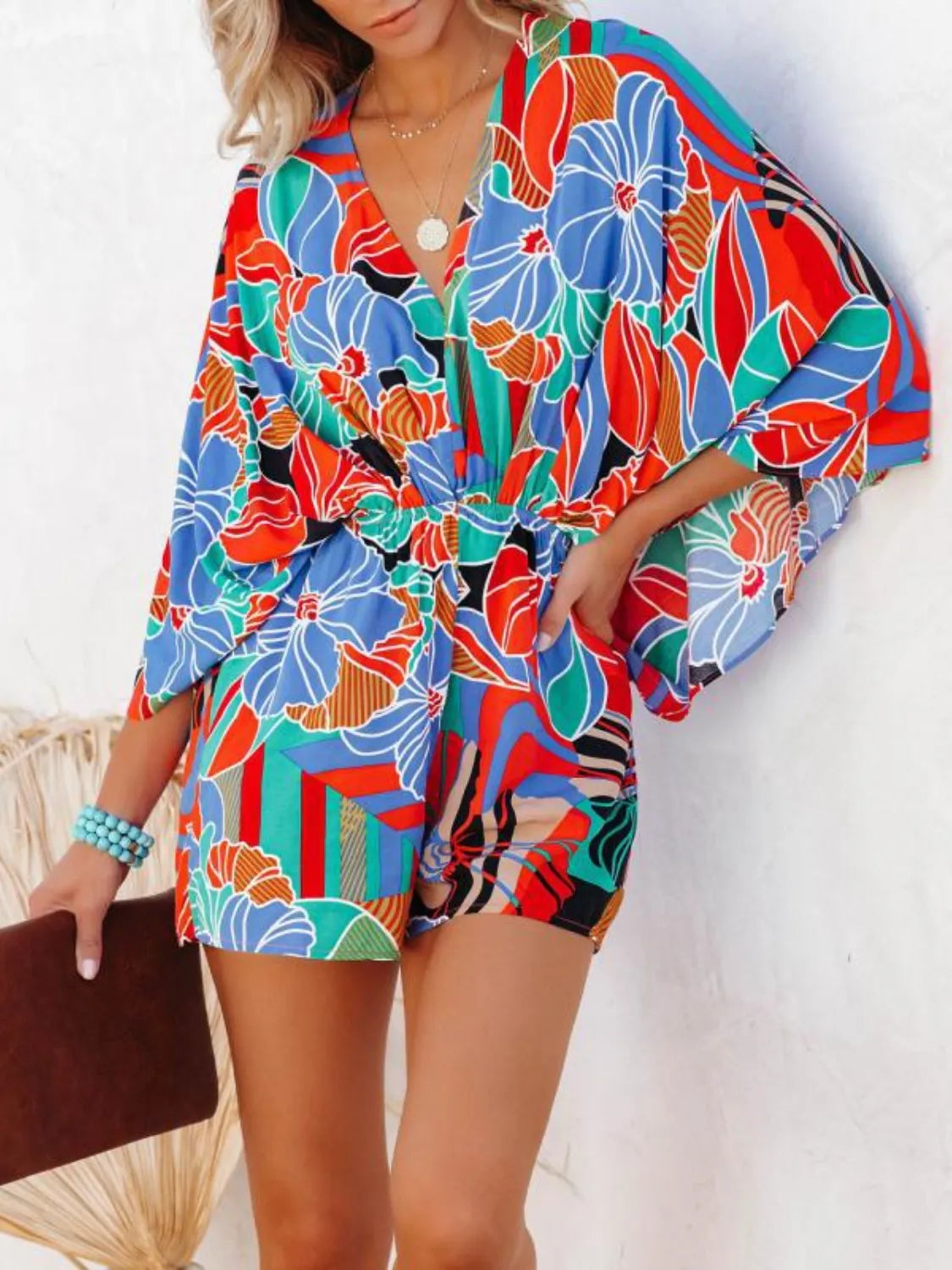 Oversized Tied Back Printed Romper Floral Trendsi