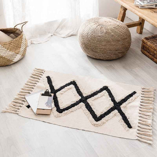 Bohemian Hand-Woven Tassel Rug - Cotton & Linen Ze BlakHom