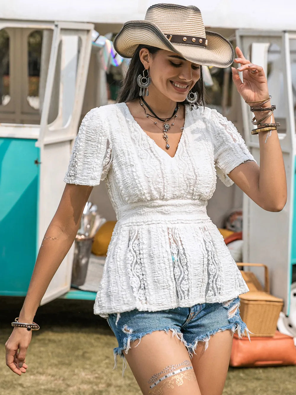 Lace V-Neck Short Sleeve Top White Trendsi
