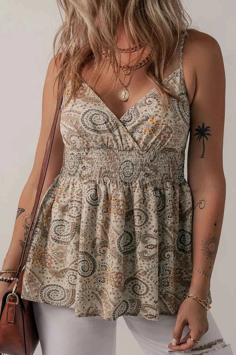 Paisley Printed Smocked Babydoll Cami Khaki Trendsi