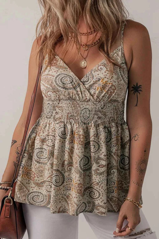 Paisley Printed Smocked Babydoll Cami Khaki Trendsi