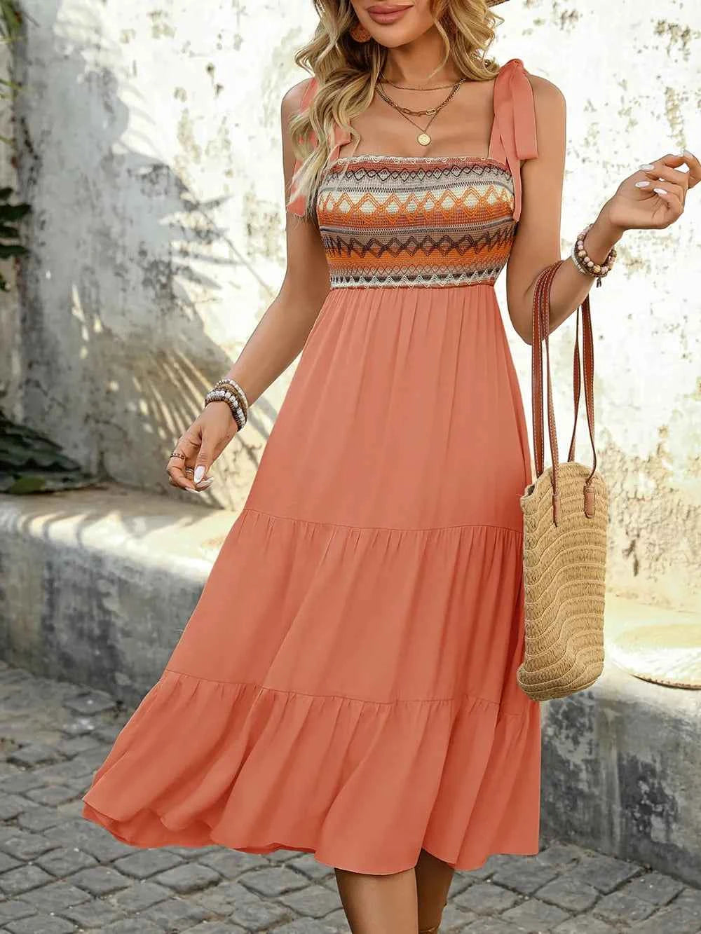 Tie Shoulder Square Neck Tiered Midi Dress Trendsi