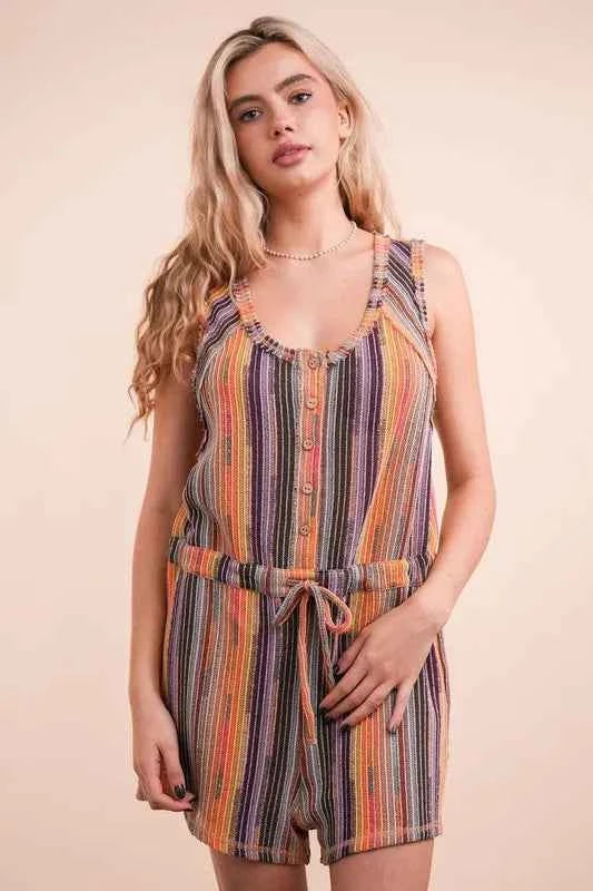 VERY J Crochet Multi Color Striped Casual Summer Romper Trendsi