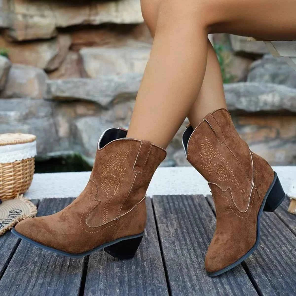 Point Toe Block Heels Boots Dark Brown Trendsi