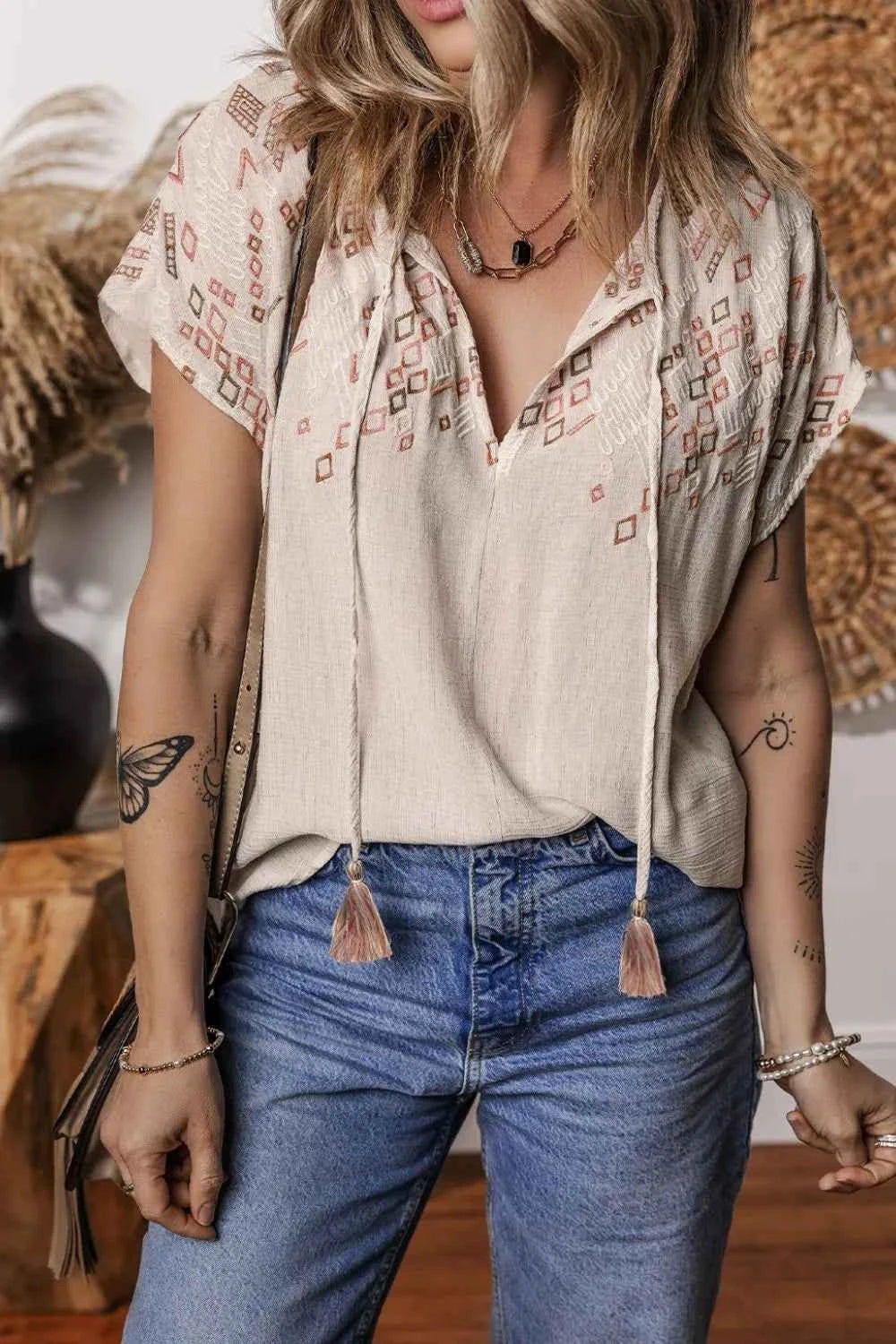 Geometric Embroidered Short Sleeve Tassel Tie Neck Blouse Beige Trendsi