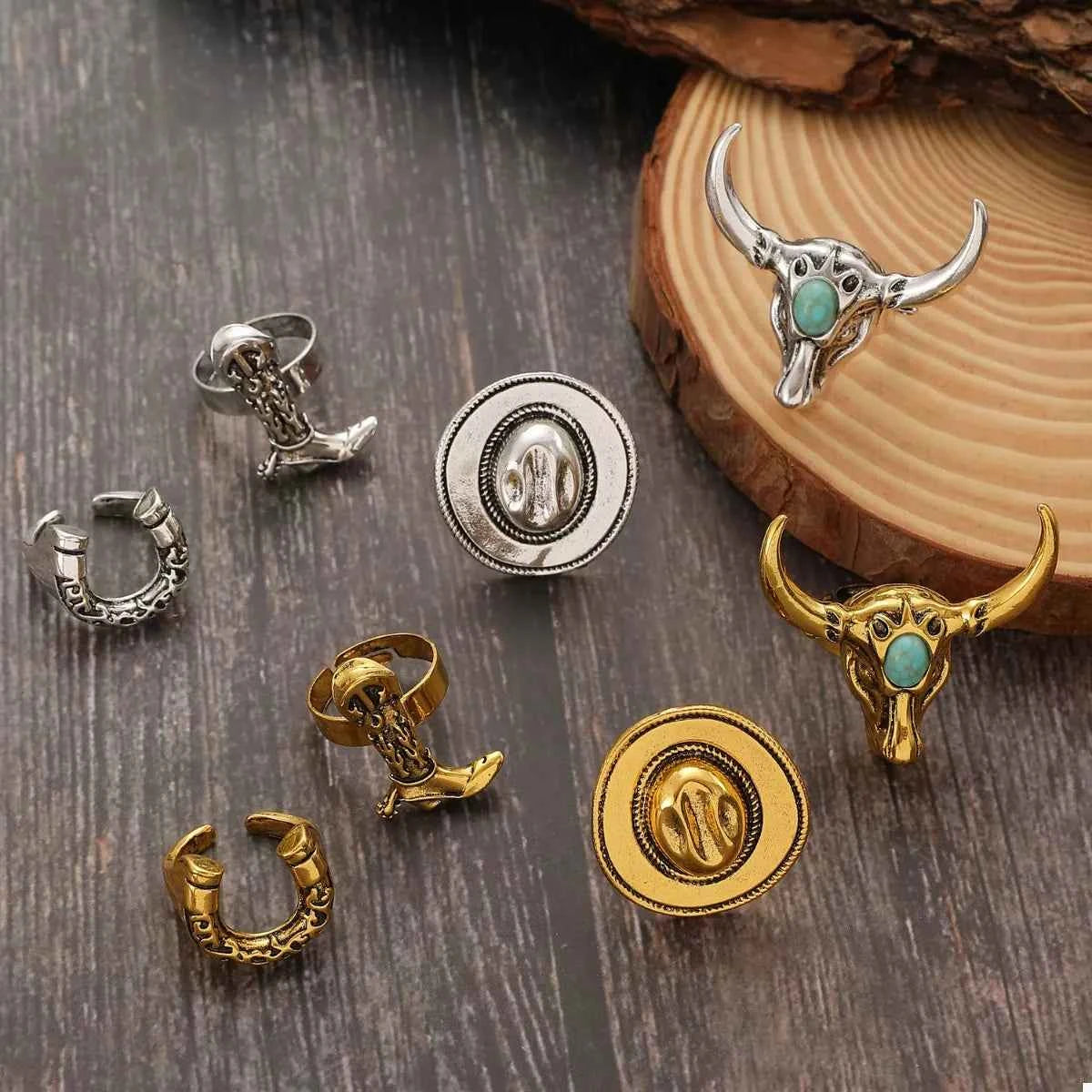 4 Piece Vintage Western Style Bull Head Rings Trendsi