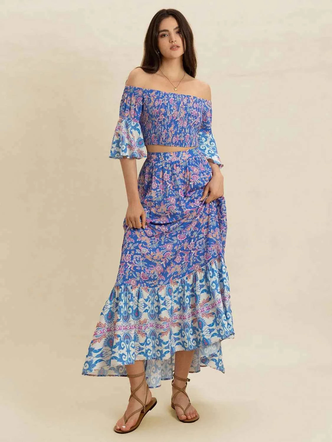 Smocked Off-Shoulder Printed Top and Skirt Set Trendsi