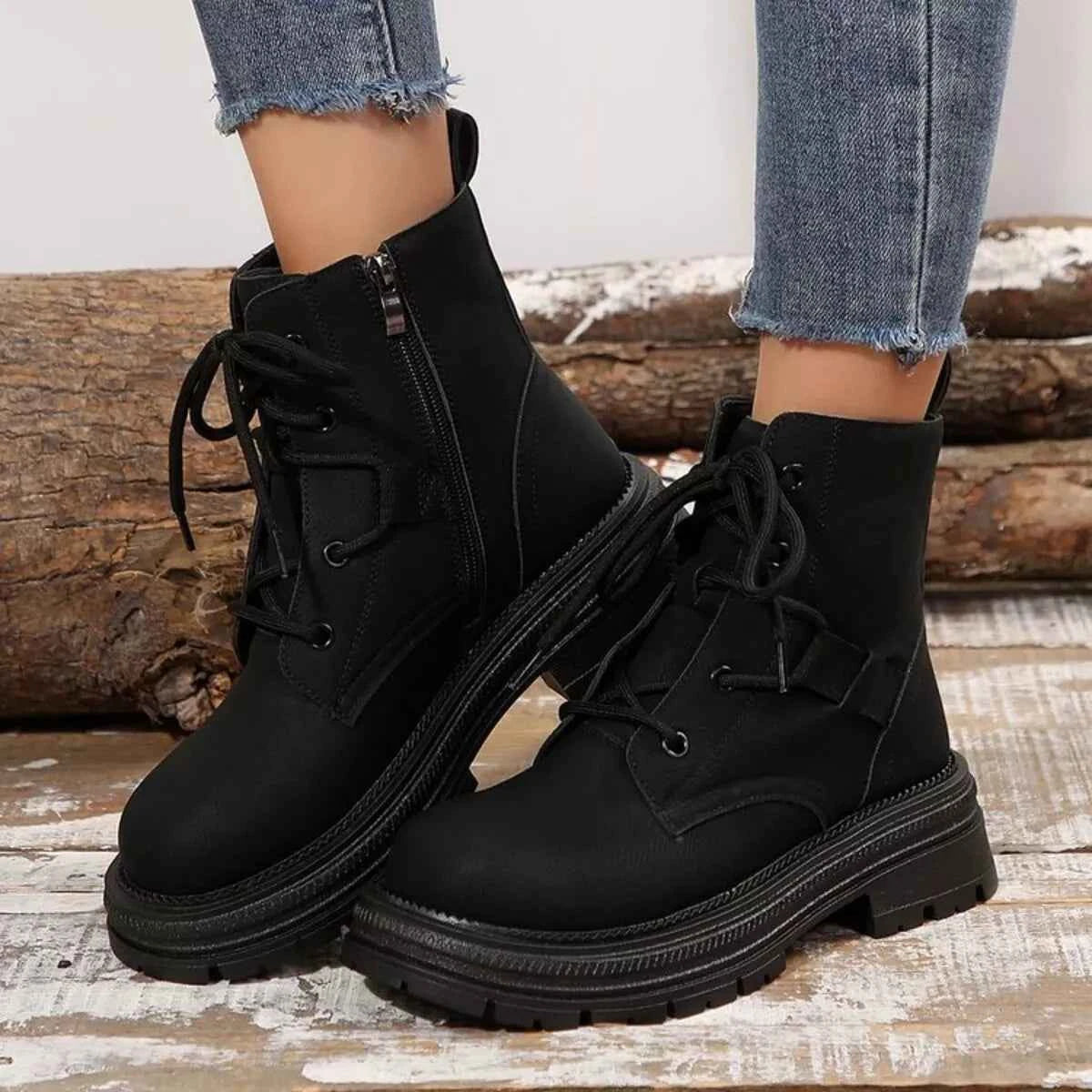 Round Toe Lace Up Platform Boots Trendsi