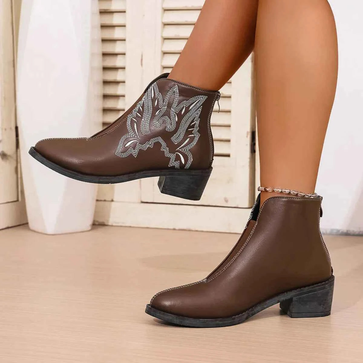 Western Embroidered Ankle Boots Brown Trendsi