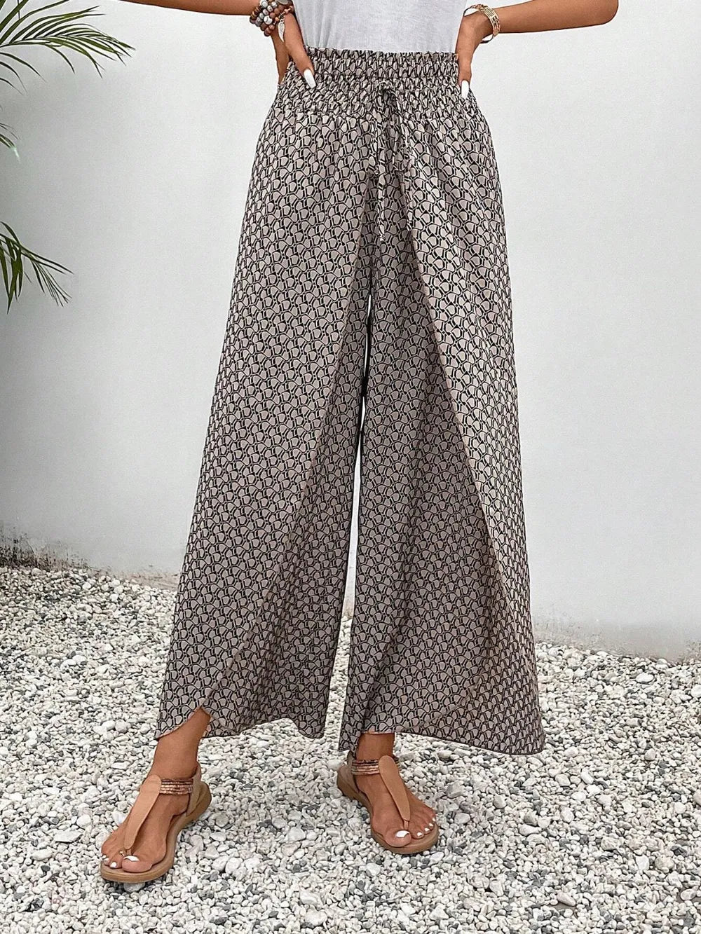Tied Printed Wide Leg Pants Trendsi