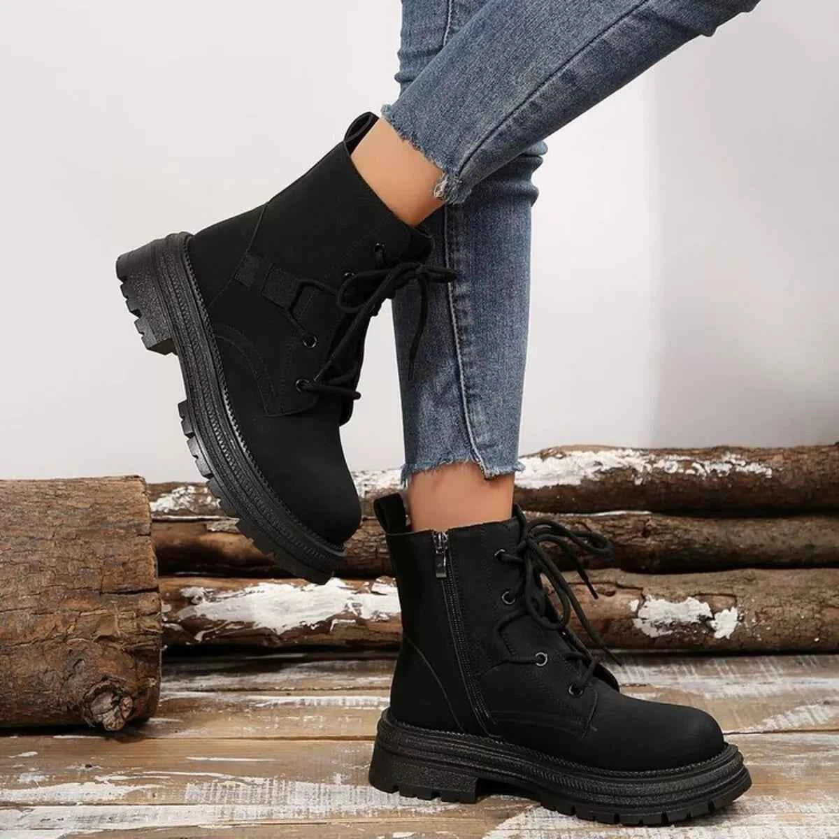 Round Toe Lace Up Platform Boots Black Trendsi