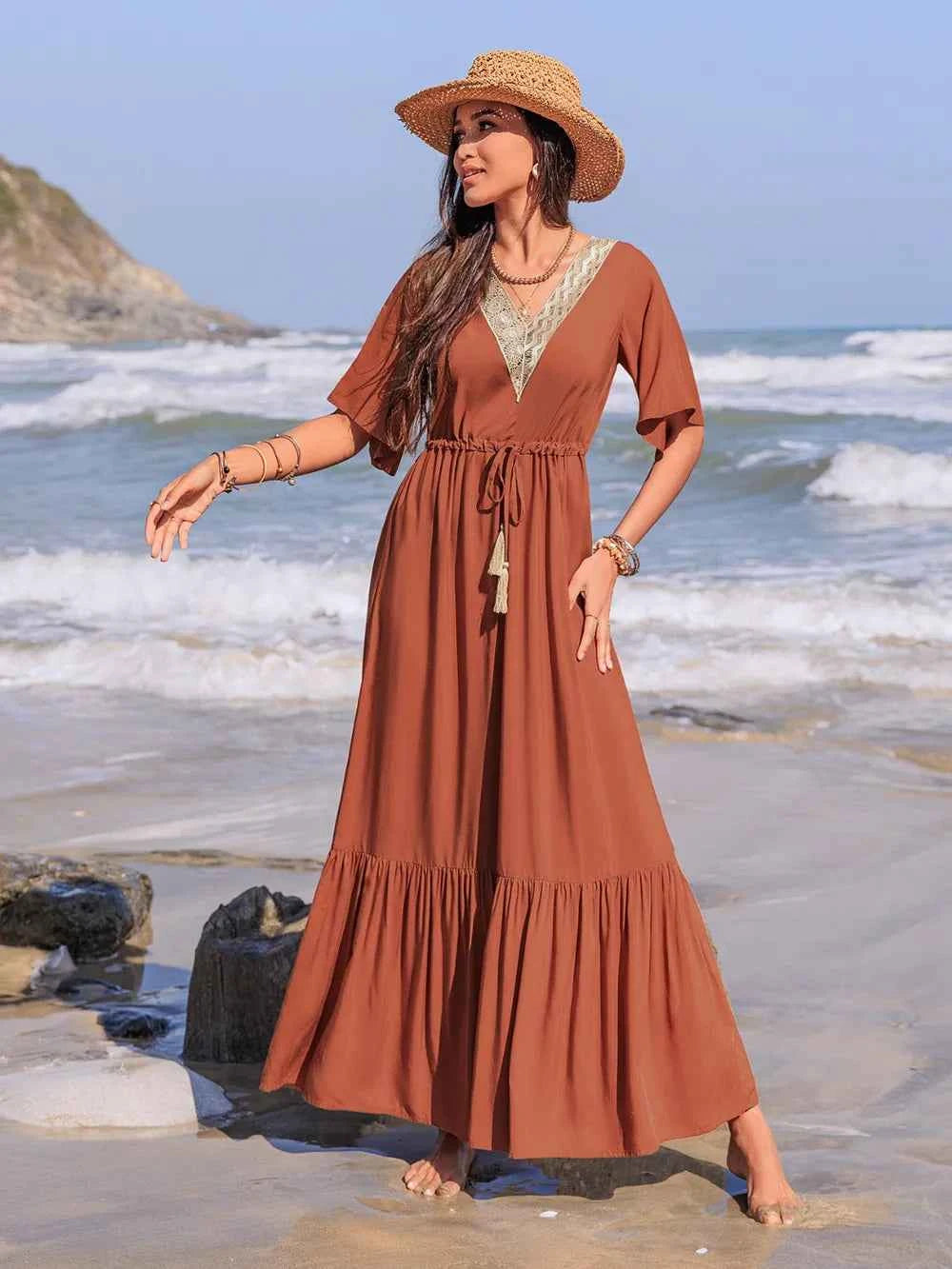 Ruffled Tassel V-Neck Flutter Sleeve Dress Terracotta Trendsi
