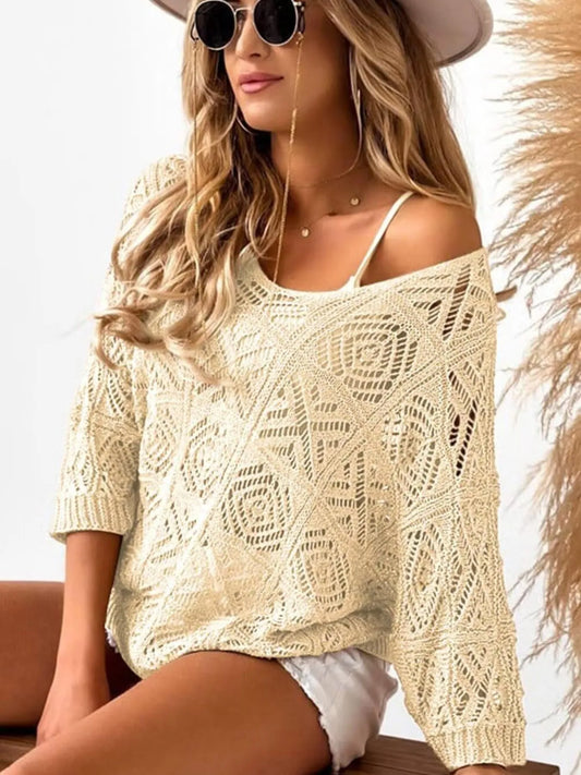 Openwork 3/4 Sleeve Knit Cover Up Apricot Trendsi