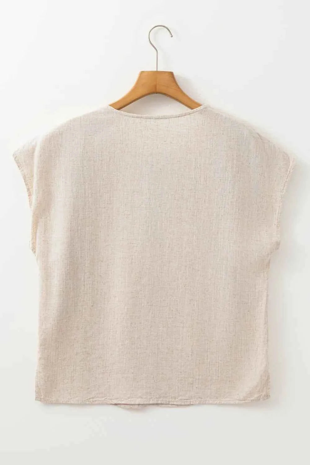 Geometric Embroidered Short Sleeve Tassel Tie Neck Blouse Trendsi