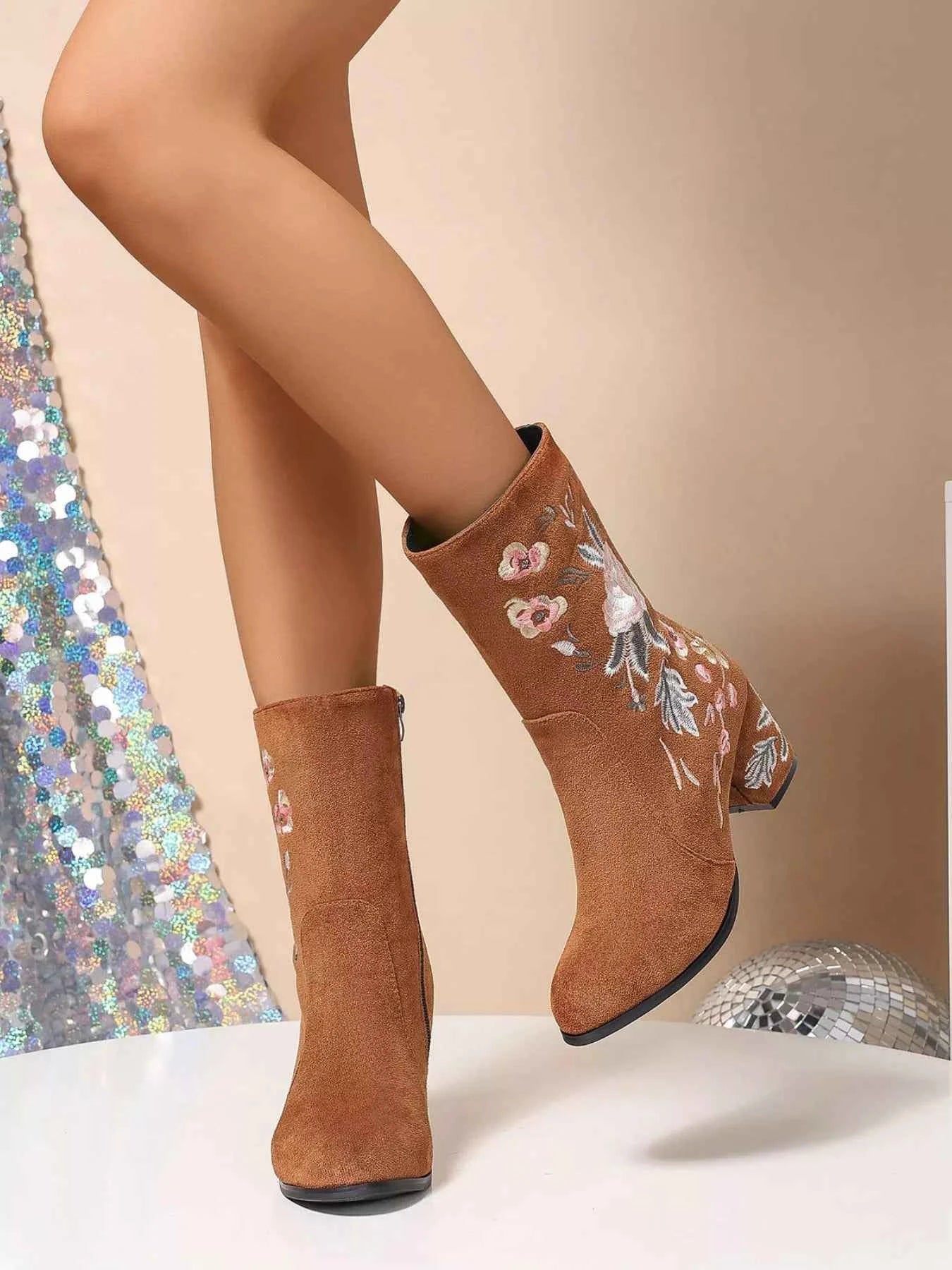 Floral Embroidered Block Heel Boots Trendsi