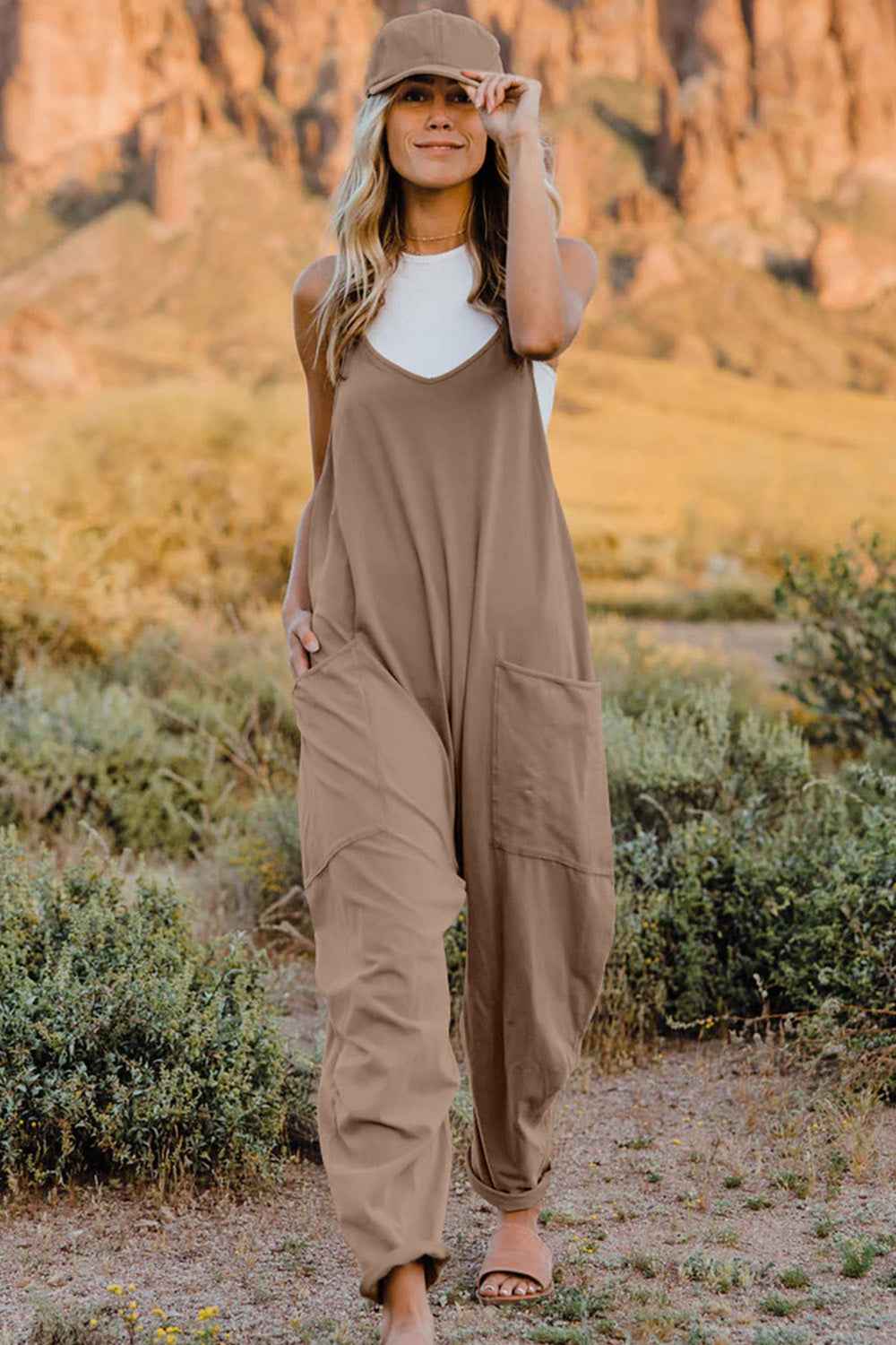 Double Take Full Size V-Neck Sleeveless Jumpsuit with Pockets Khaki Trendsi