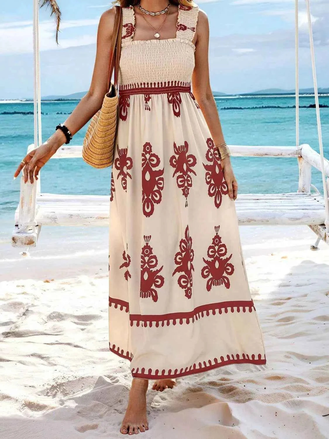 Smocked Printed Wide Strap Maxi Dress Trendsi