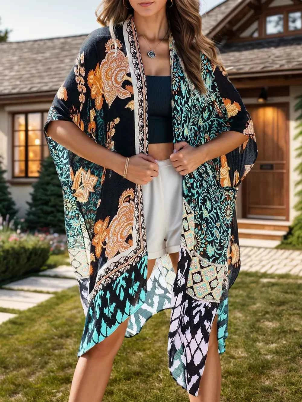 Printed Open Front Cover-Up Black One Size Trendsi
