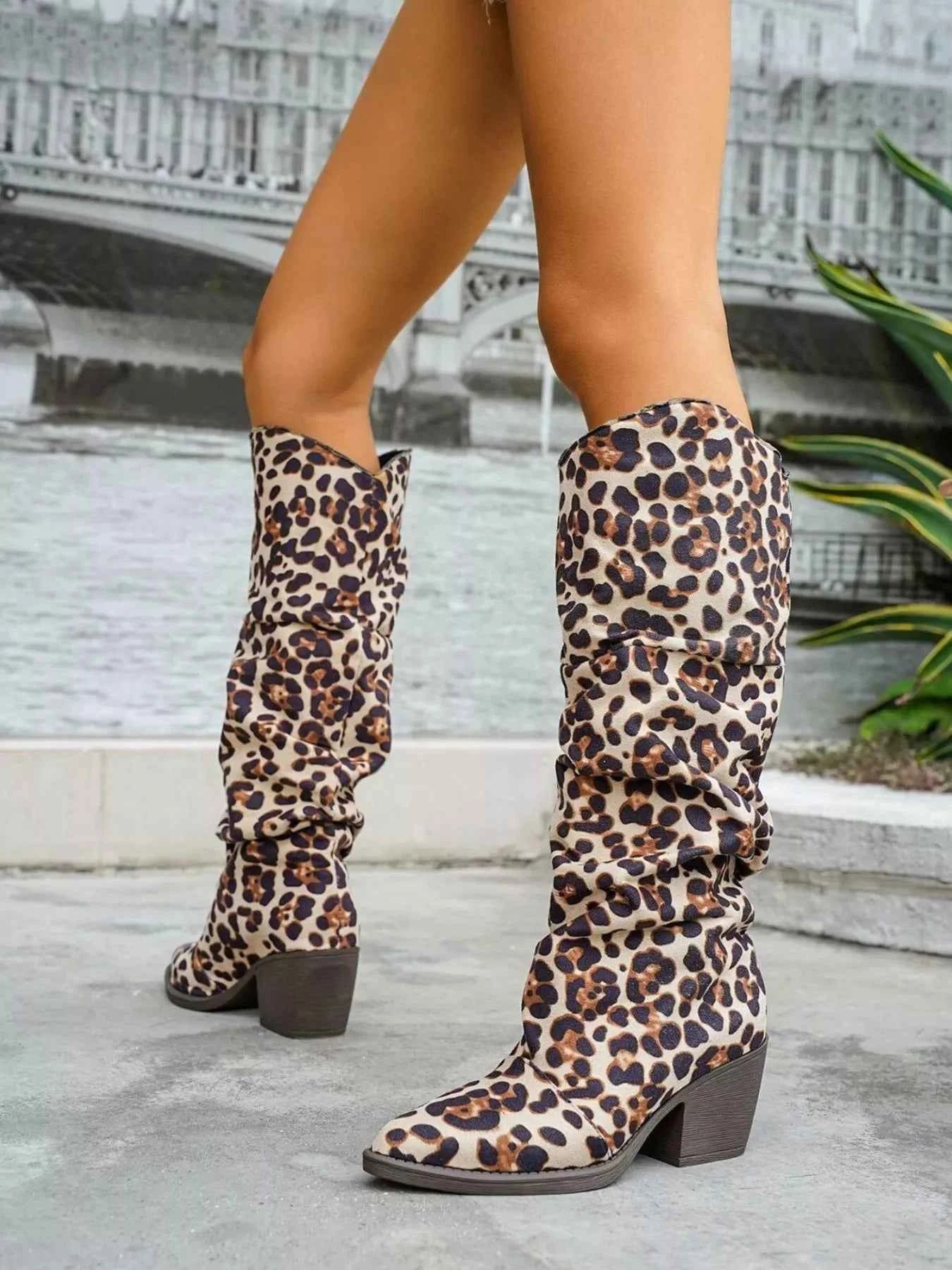 Leopard Point Toe Block Heels Boots Trendsi